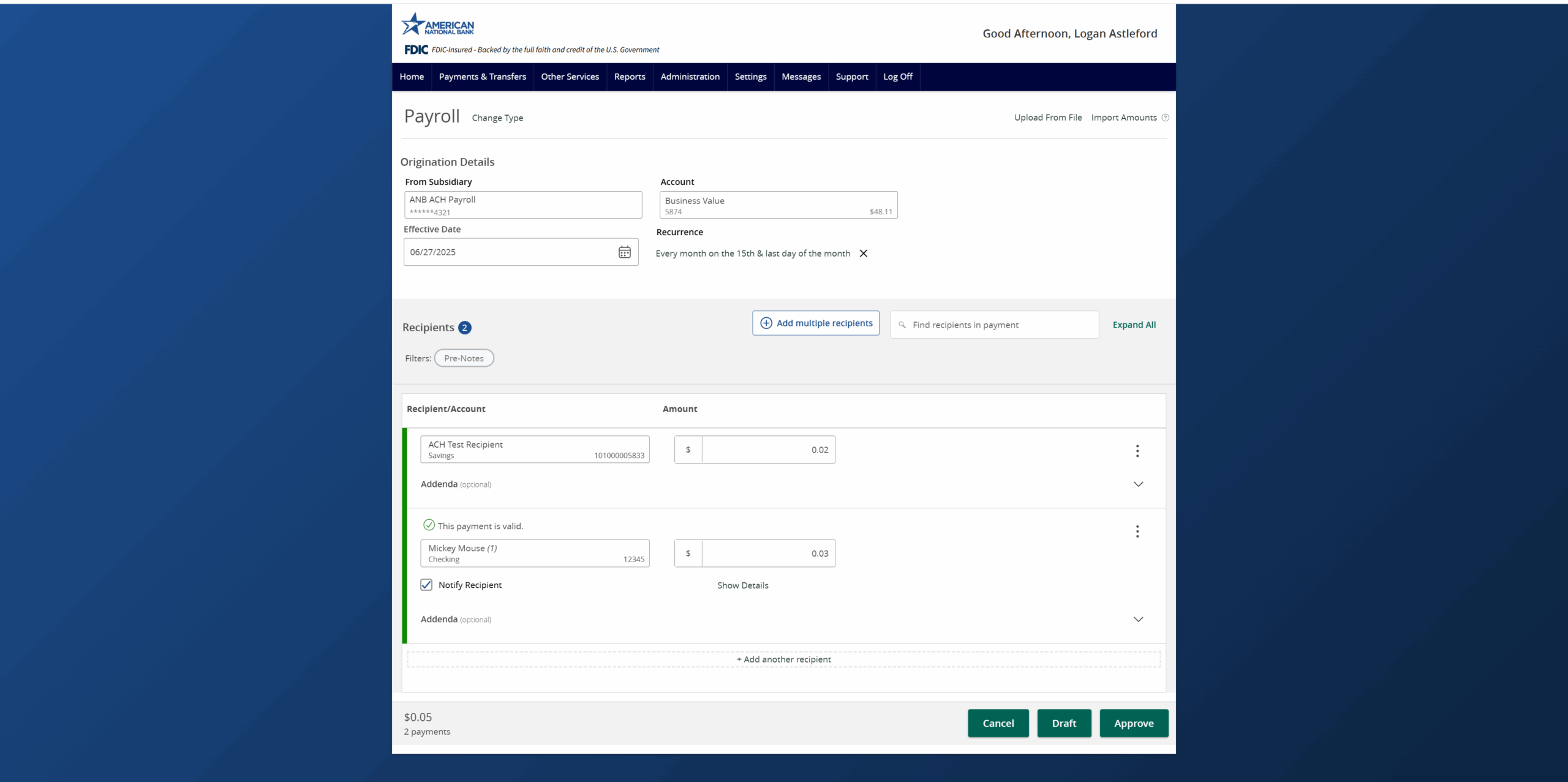 Screenshot of initiating an ACH on ANB Go Business