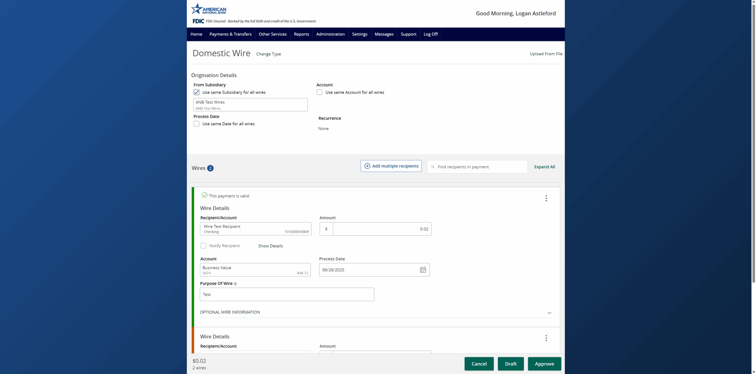 Screenshot on of the domestic wire page on ANB Go Business