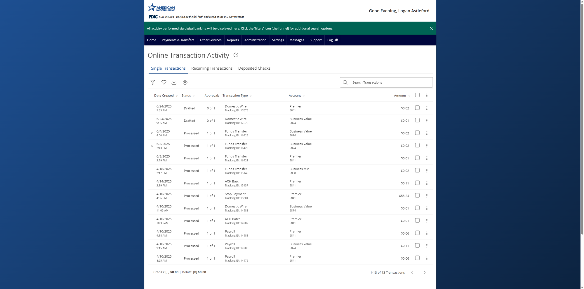 Screenshot of the online transaction activity page on ANB Go Business