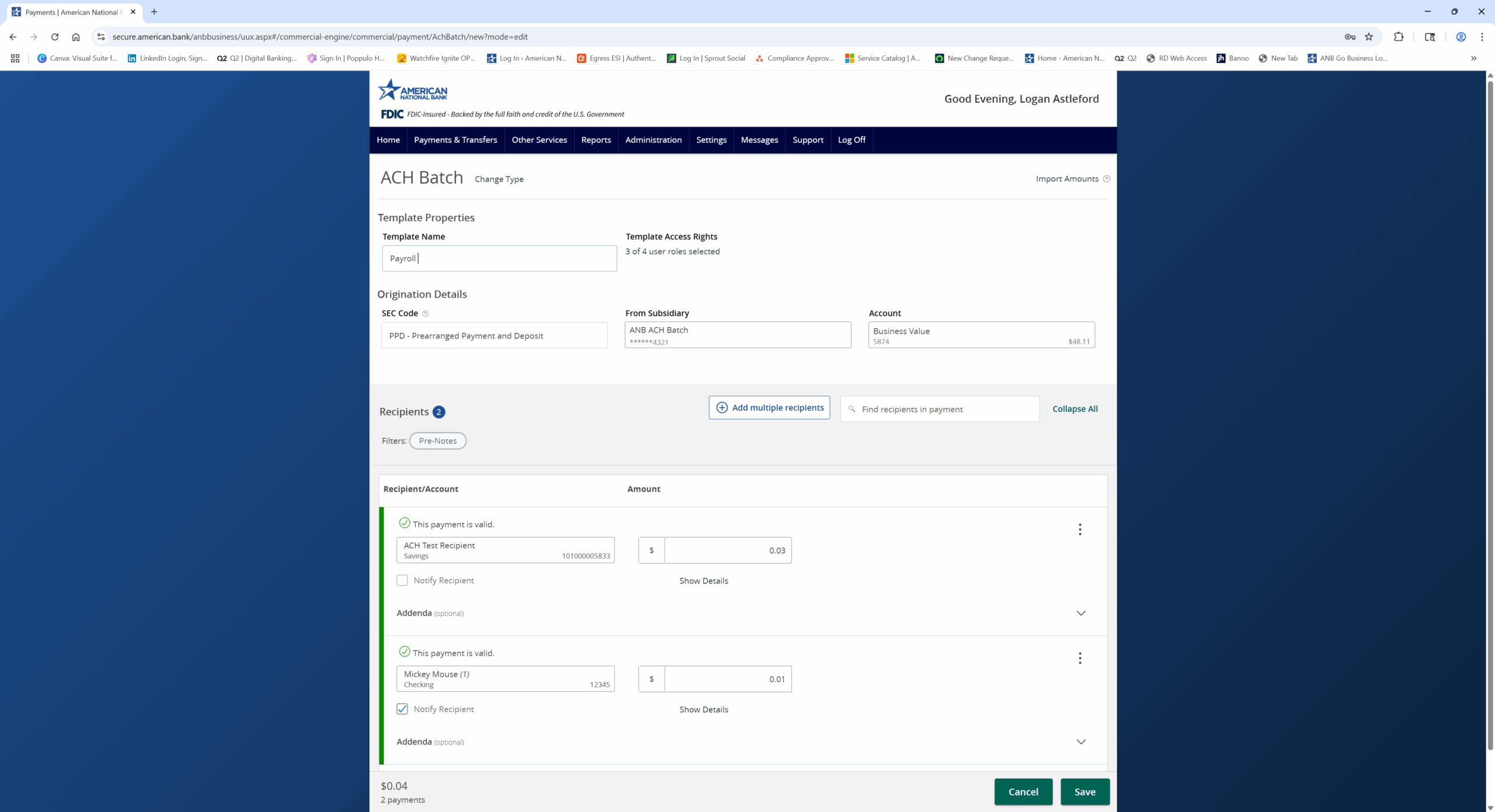 Screenshot on ANB Go Business creating an ACH template.
