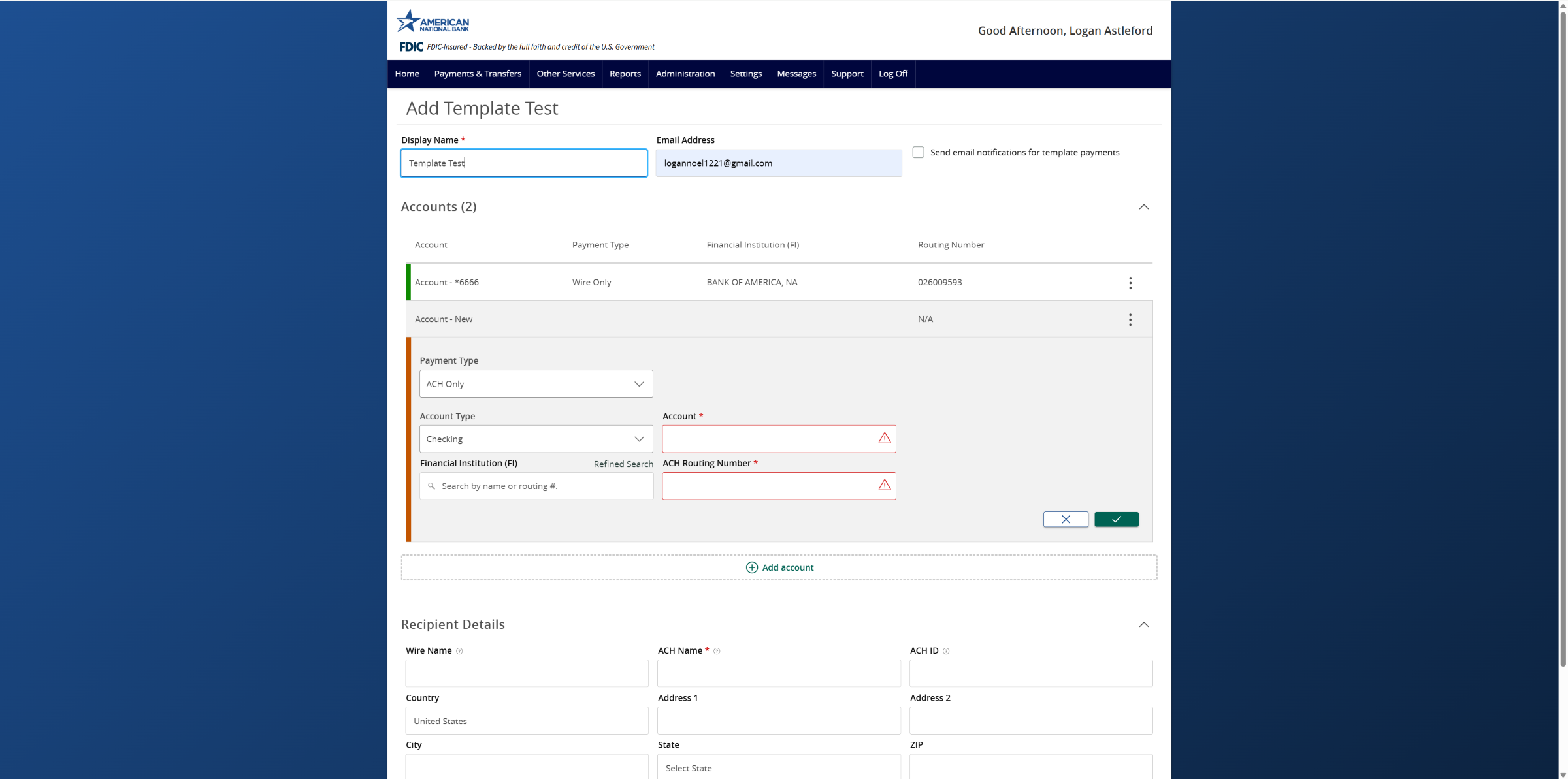 Screenshot of the Recipient Management page on ANB Go Business.