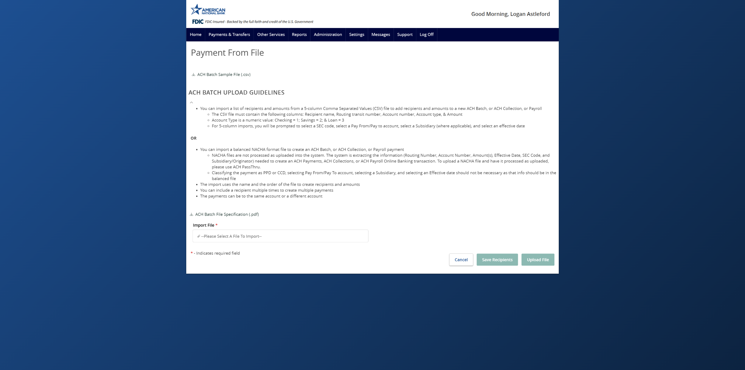 Screenshot of the ACH batch upload page on ANB Go Business