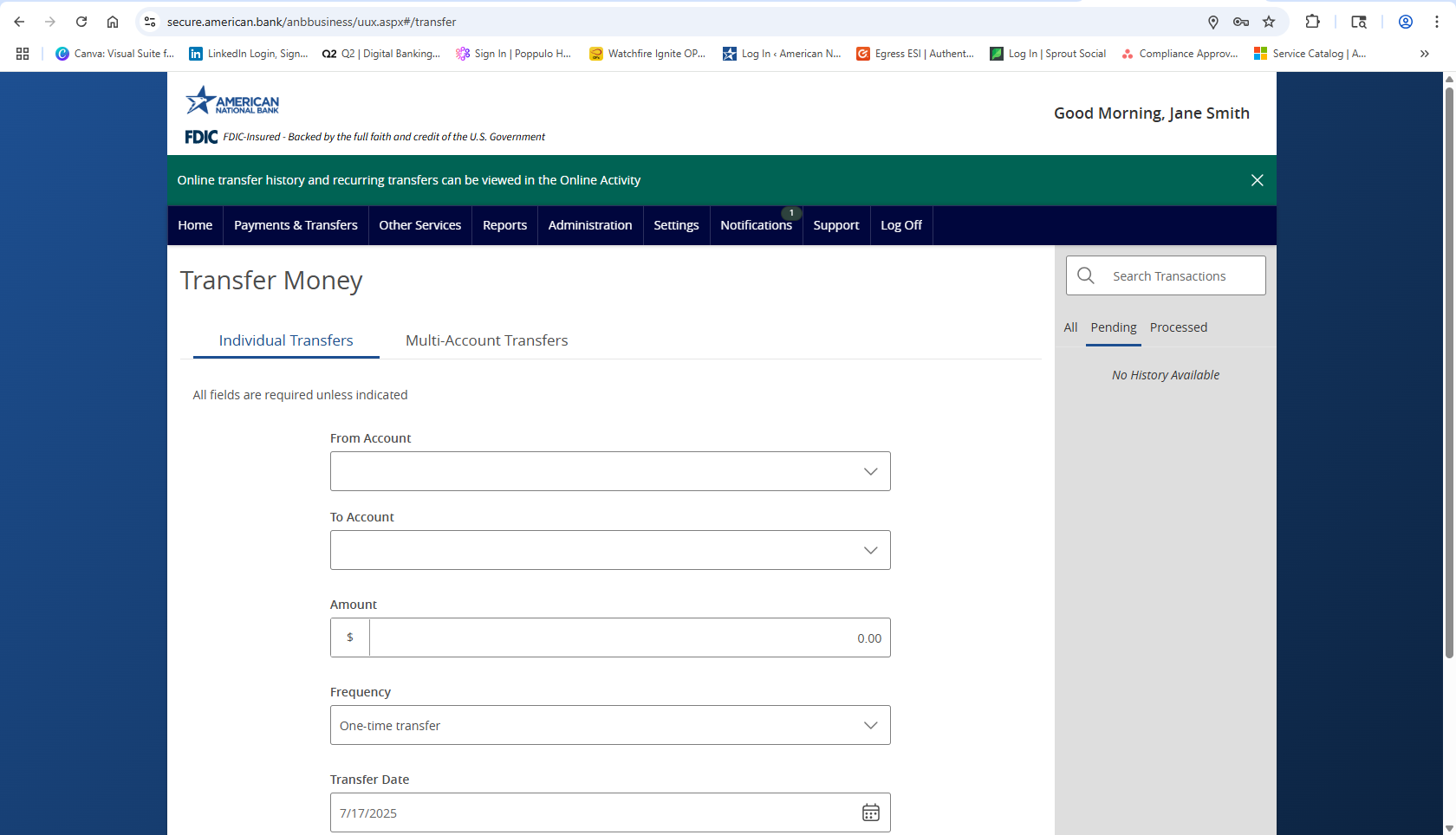 screenshot of the transfer money page on ANB Go Business