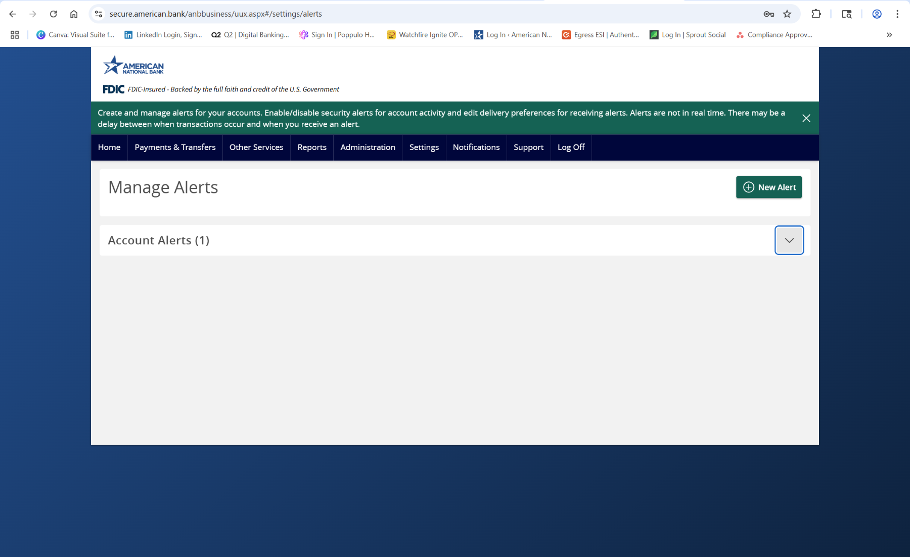 Screenshot of ANB Go business alert page.