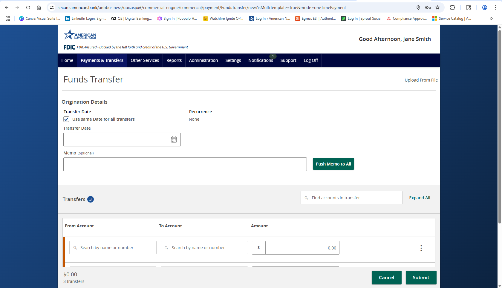 A screenshot of the multi account transfers screen on ANB Go Business
